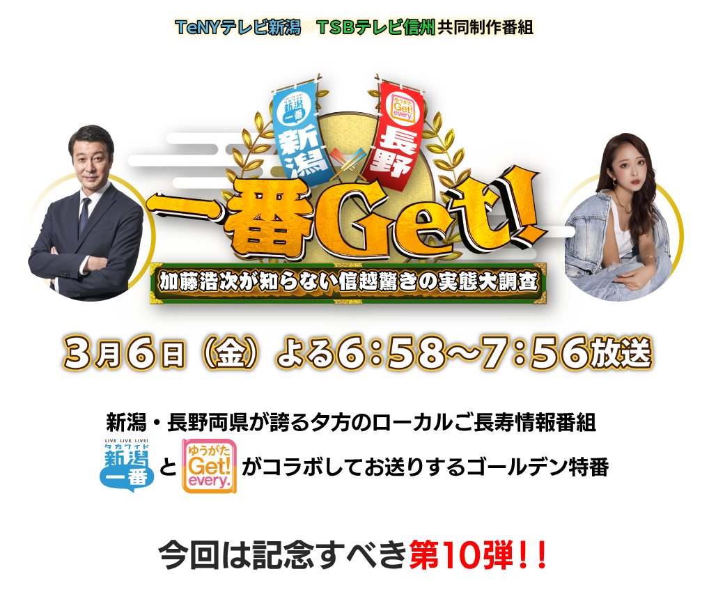 TeNYテレビ新潟×TSBテレビ信州共同制作番組「新潟×長野 一番Get!～加藤浩次が知らない信越驚きの実態大調査～」3月6日(金)よる6:58～7:56放送　新潟・長野両県が誇る夕方のローカルご長寿情報番組。「新潟一番」と「ゆうがたGet！every.」がコラボしてお送りするゴールデン特番。今回は記念すべき第10弾！！
