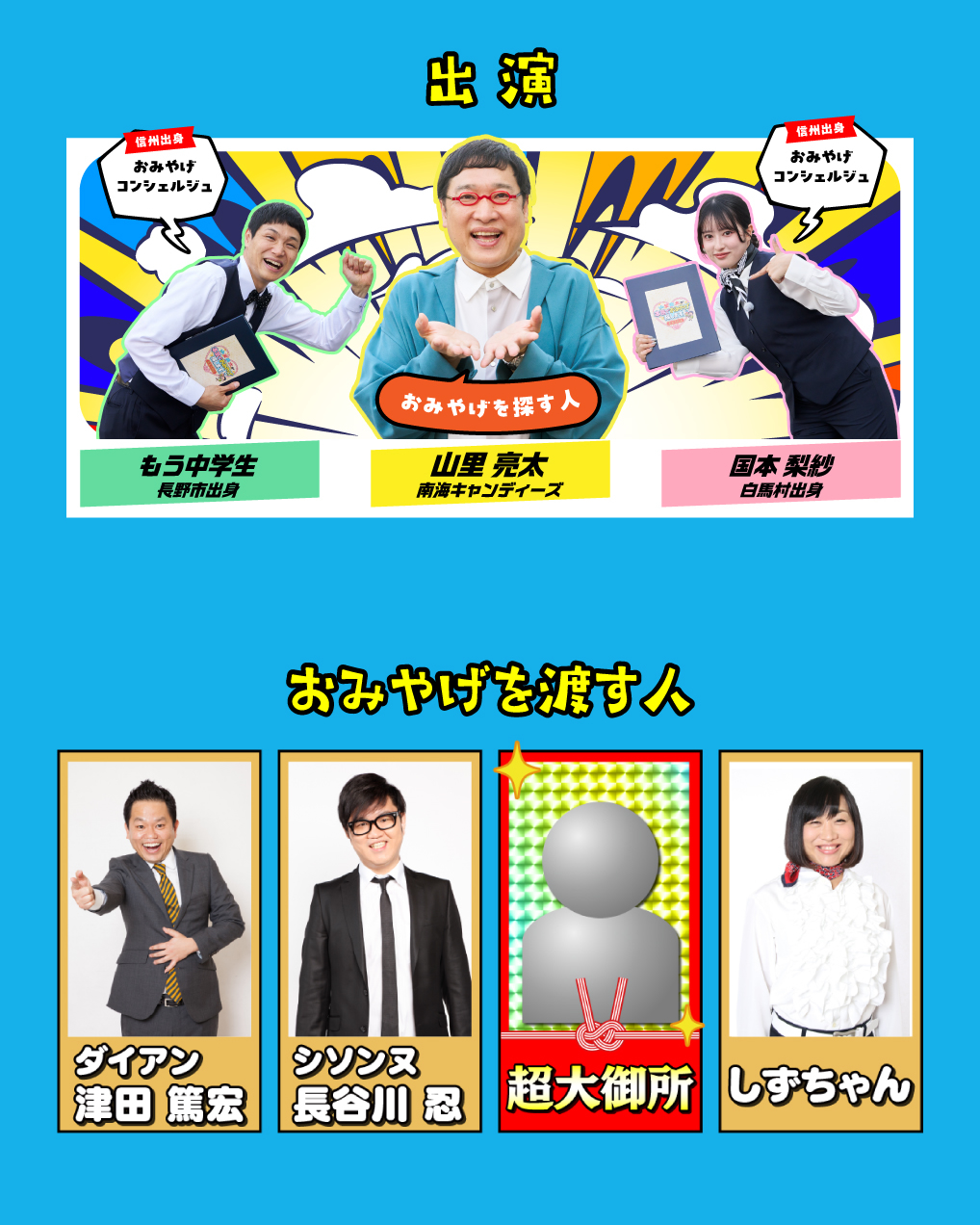 ～出演～　おみやげを探す人：山里 亮太（南海キャンディーズ）信州出身おみやげコンシェルジュ：もう中学生（長野市出身） 国本 梨紗（白馬村出身）　～おみやげを渡す人～　ダイアン 津田 篤宏　シソンヌ 長谷川 忍　超大御所　しずちゃん